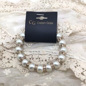 Couture Gems Womens 10mm Faux Pearl Rhinestone Stretch Bracelet